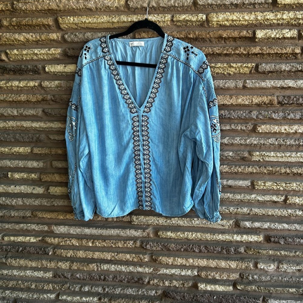 Zara TRF Collection Blue Denim Chambray Embroidered Bohemian Puff Sleeve Top